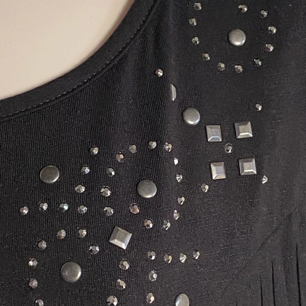 Vocal Deep Black Sleeveless Top, Fringe Front, Round Neckline with Stud Detail - Picture 5 of 11
